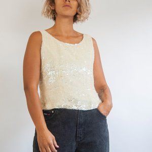 90s/y2k white sequin silk tank top 12 l large / new years tank / white sequin bl